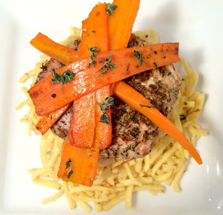 Pan-Roasted Mustard Pork with Spaetzle and Carrots