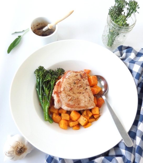 Sage-Butter Pork Chop with Butternut Squash and Broccolini 